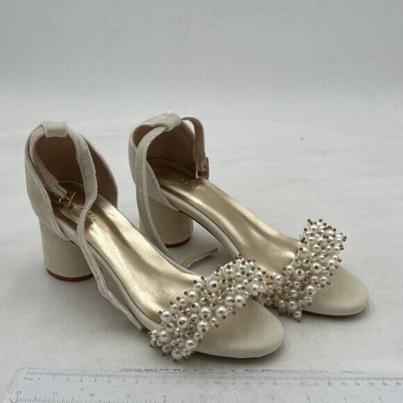 White Velvet Open Toe Sandals Pearl Strap Chunky Heel Ankle Buckle Strap Summer - Picture 3 of 7